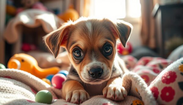 puppy showing cautious behavior during a fear period while owner uses calm positive reinforcement