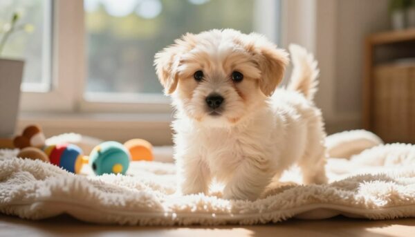 A charming scene focused on a Shichon puppy, showcasing its fluffy coat and bright, expressive eyes, nestled in a cozy setting. In the foreground, the playful puppy is captured mid-play, with its soft fur catching the warm, golden sunlight streaming through an open window. In the middle ground, a plush blanket and a few colorful toys enhance the inviting atmosphere. The background features a softly blurred home environment, hinting at a family-friendly space with greenery visible outside, creating a sense of harmony. The lighting is bright yet gentle, casting a warm glow that highlights the puppy's adorable features. The mood is joyful and inviting, perfect for those considering adopting a loving companion.