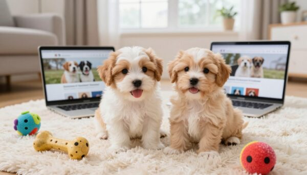A cozy, inviting scene showcasing two adorable Shichon puppies, one white with light brown patches and the other a golden cream, sitting playfully on a soft, plush blanket. In the foreground, colorful toys like a squeaky bone and a fluffy ball are scattered around them. The middle ground features a laptop open with a website displaying Shichon puppies for sale, subtly hinting at online adoption. The background shows a warm, well-lit living room with large windows allowing soft, natural light to fill the space. The overall atmosphere is cheerful and inviting, evoking a sense of warmth and happiness, perfect for potential pet owners. Capture the moment from a slightly elevated angle to emphasize both the puppies and their surrounding environment, ensuring clarity and focus on these adorable companions.